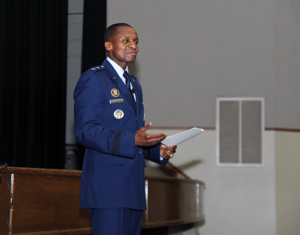 Air Force District of Washington Commander Maj. Gen. Darren W. McDew speaks during his quarterly commander's call June 15 on Joint Base Andrews, Md. (U.S. Air Force photo by Airman 1st Class Tabitha N. Haynes)