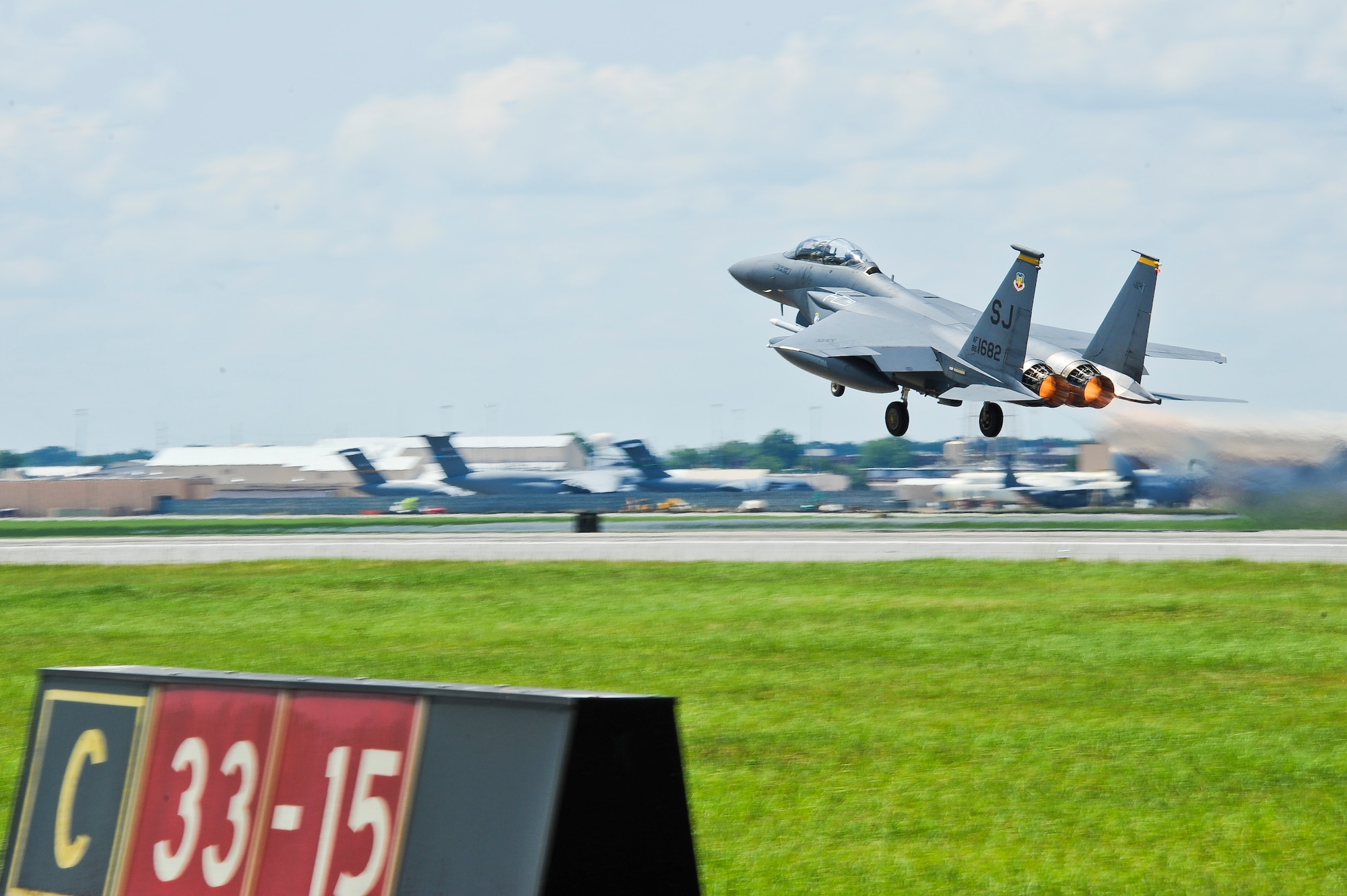 An F-15E Strike Eagle from Seymour Johnson Air Force Base, N.C., takes off for a final mission in support of the Iron Dagger 2012 exercise at Robins Air Force Base, Ga.  The Strike Eagles were invited to participate in the week-long exercise by Team Joint STARS during a runway closure at Seymour Johnson. (U.S. Air Force photo by Master Sgt. Roger Parsons)