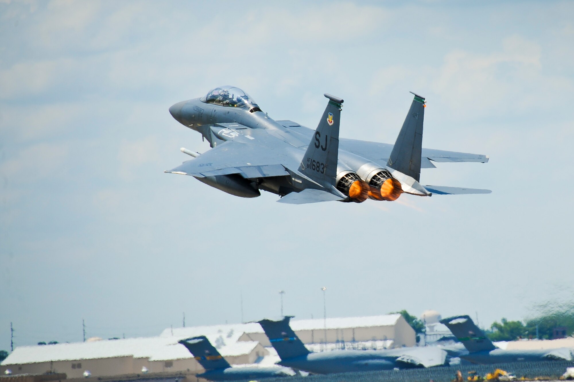 An F-15E Strike Eagle from Seymour Johnson Air Force Base, N.C., takes off for a final mission in support of the Iron Dagger 2012 exercise at Robins Air Force Base, Ga.  The Strike Eagles were invited to participate in the week-long exercise by Team Joint STARS during a runway closure at Seymour Johnson. (U.S. Air Force photo by Master Sgt. Roger Parsons)