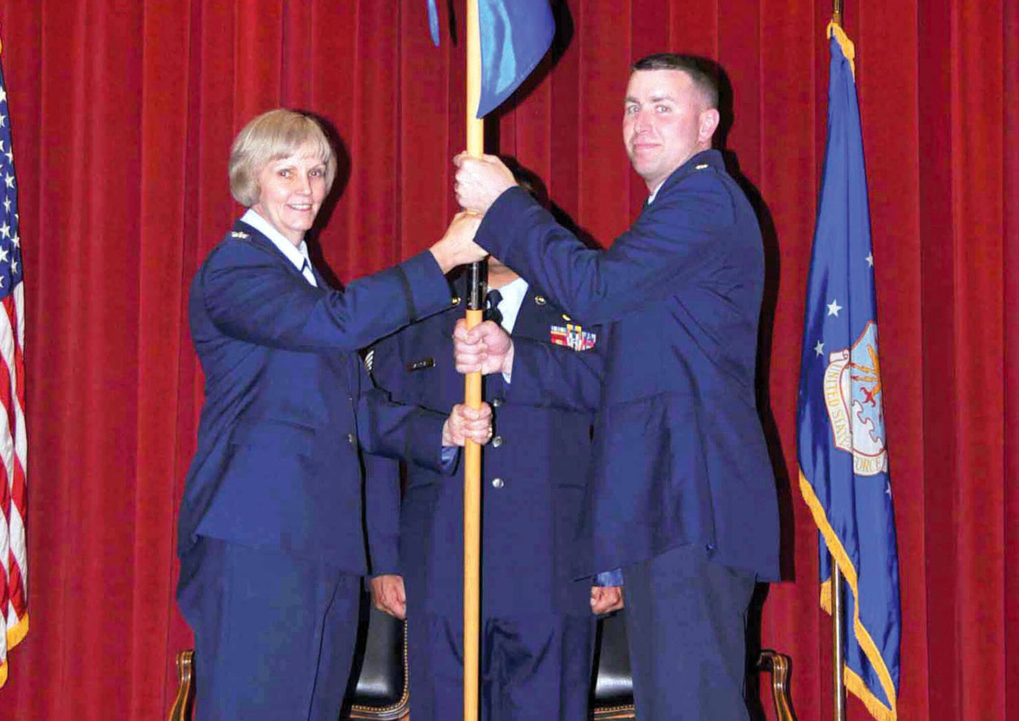 Major Ryan Robin assumes command of the 452d Security Forces Squadron. In this role, he will command more than 250 Traditional Reservists, civilians and Active Guard and Reserve personnel who are responsible for providing 24-hour security and law enforcement posts and patrols to protect some 5,500 Reserve, Guard and Active Duty members. They are also charged with providing firearms training for wing members and 18 tenant units. The event took place at the Cultural Resouce Center, March Air Reserve Base, Calif., June 9. (U.S. Air Force photo)