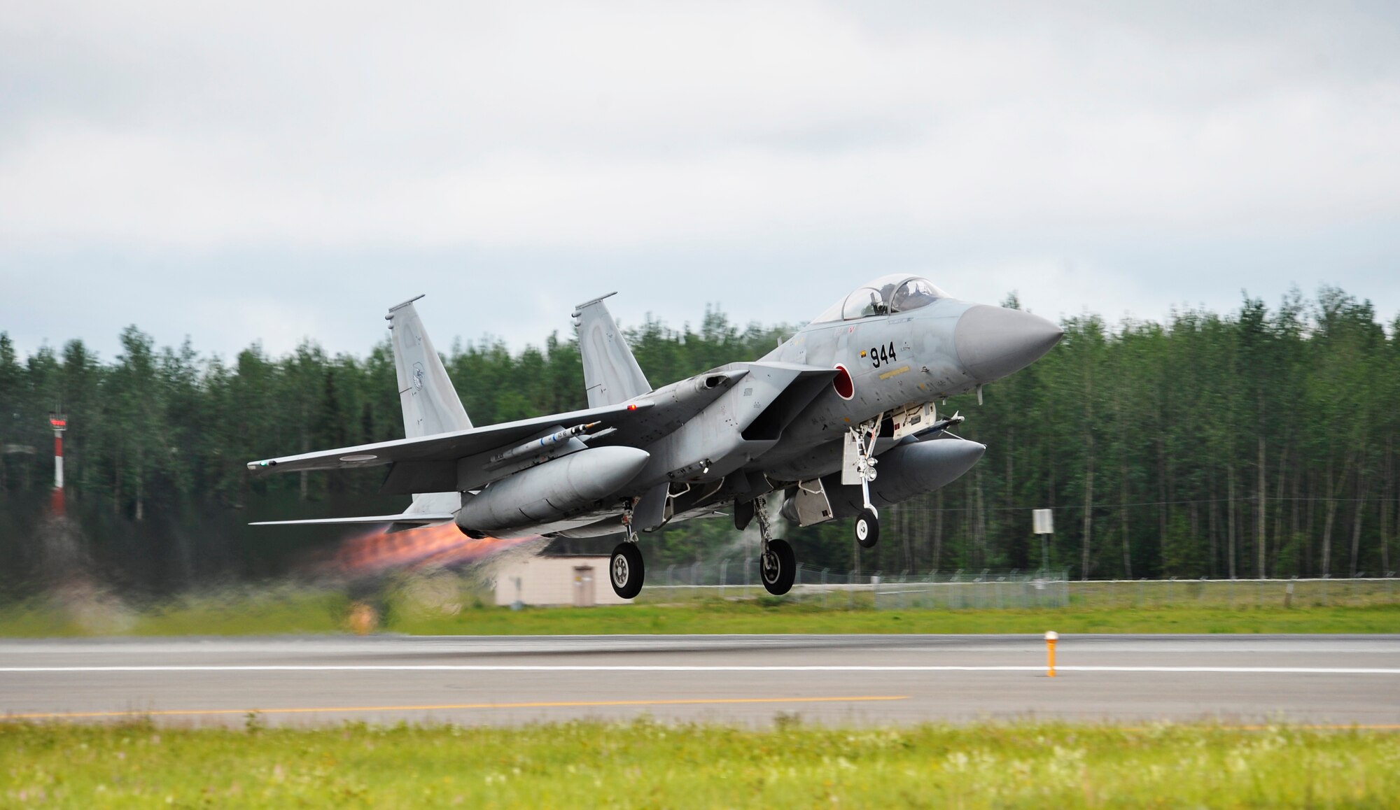 A Japanese Air Self Defense Force F-15J Eagle launches from the runway during RED FLAG-Alaska 12-2 June 11, 2012, Eielson Air Force Base, Alaska.  The two-week-long exercise takes place within the Joint Pacific Range Complex, a 67,000 square-mile training range.  (U.S. Air Force photo/Staff Sgt. Miguel Lara III)