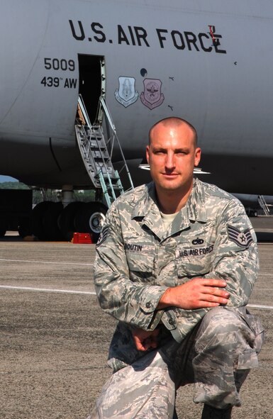This 439th Aircraft Maintenance Squadron crew chief, enlisted in 1999. "My father, who is now retired from active-duty Air Force, was a C-5 crew chief. The exposure to his career field influenced me to follow in his footsteps," SSgt. Boutin said. For three years, the sergeant was a "flying crew chief" and traveled worldwide. "My favorite three places were Elmendorf, Alaska, Ramstein, Germany and Anderson, Guam." (by SrA. Kelly Galloway)
