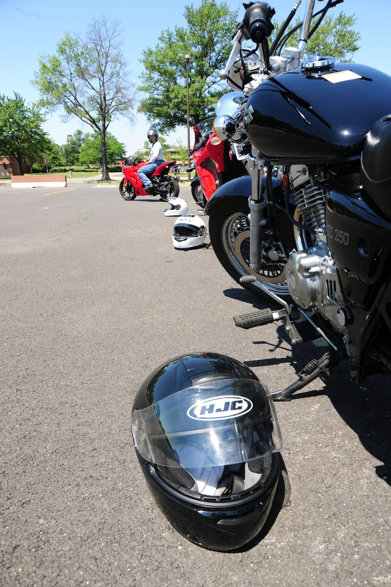 Team Andrews motorcyclists complete a motorcycle safety course at Joint Base Andrews, Md. on May 31.  Military riders must complete dafety course before they can ride on or off base.  (U.S. Air Force photo/Senior Airman Amber Russell)