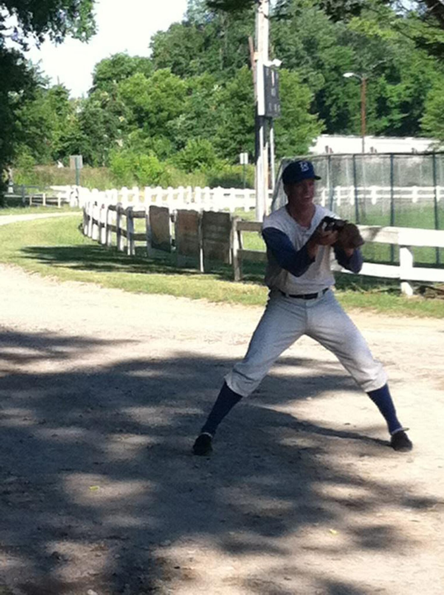Air Force Reserve Master Sgt. Scotty Brown plays catch during filming of "42" in Macon, Ga. Brown is assigned to the 94th Aerial Port Squadron at Robins Air Force Base, Ga. (Photo courtesy of Scotty Brown).
