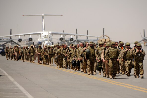 Personnel from McEntire Joint National Guard Base, S.C., arrive at Kandahar Airfield, Afghanistan, June 10, 2012, to begin the second half of the unit's Air Expeditionary Force rotation in country. Members of the 169th Fighter Wing are deployed in support of Operation Enduring Freedom. Swamp Fox F-16's, pilots, and support personnel began their AEF deployment early April to take over flying missions for the air tasking order and provide close air support for troops on the ground in Afghanistan.
(U.S. Air Force photo/TSgt. Caycee Cook)
