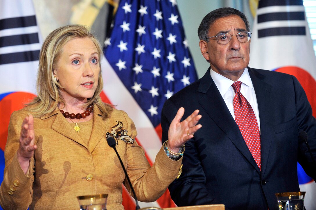 U.S. Secretary of State Hillary Rodham Clinton addresses the media along with U.S. Defense Secretary Leon E. Panetta as they answer reporters' questions during a joint press conference with South Korean Foreign Affairs and Trade Minister Kim Sung-hwan and Defense Minister Kim Kwan-jin at the State Department in Washington, D.C., June 14, 2012.