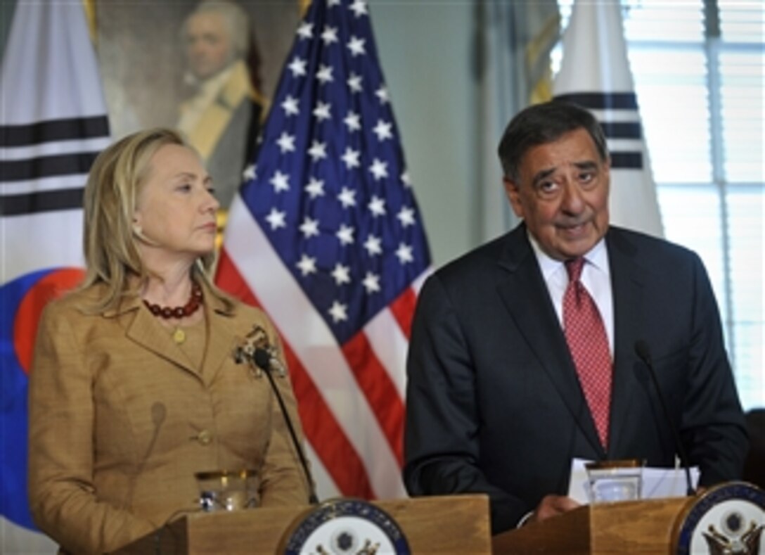Secretary of Defense Leon E. Panetta answers a reporter's questions during a joint press conference with Secretary of State Hillary R. Clinton, their Korean counterparts South Korean Minister of Defense Kim Kwan-jin, South Korean Minister of Foreign Affairs and Trade Kim Sung Hwan, at the U.S. Department of State in Washington, D.C., on June 14, 2012.  