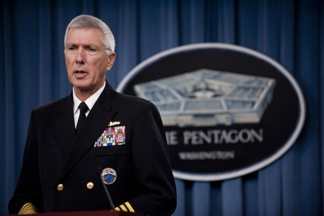 Commander, U.S. Pacific Command Adm. Samuel J. Locklear III briefs the media in the Pentagon, on June 15, 2012.  