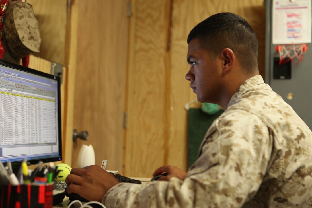 Lance Cpl. Francisco Garcia, administration clerk, G-1, Headquarters and Services Company, 1st Marine Logistics Group (Forward), works behind the scenes to ensure each member of the more than 3,000-strong group are taken care of. “I have had the opportunity to learn a lot more about my job while out here and so far it has been a great experience,” he said.