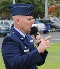 Col. Sam Barrett, 15th Wing commander, speaks to Airmen from the 15th Wing at a ceremony honoring Col. Joe Dague, 15th Wing vice commander, June 15 at Joint Base Pearl Harbor-Hickam, Hawaii. The Legion of Merit decoration is presented to officers and enlisted men of the Armed Forces of the United States and on nationals of other counties who have distinguished themselves by exceptionally meritorious conduct in the performance of outstanding services and achievements.