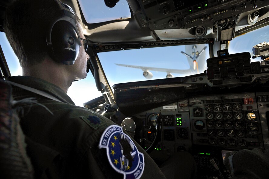 Air National Guard Lt. Col. Christopher, 116th Operations Support Squadron, flies the E-8 Joint STARS in position to receive fuel from a KC-135 Stratotanker, Robins Air Force Base, Ga., June 12, 2012. The inflight refueling procedure was conducted during a mission supporting exercise Iron Dagger 2012. (U.S. Air Force photo by Master Sgt. Roger Parsons)