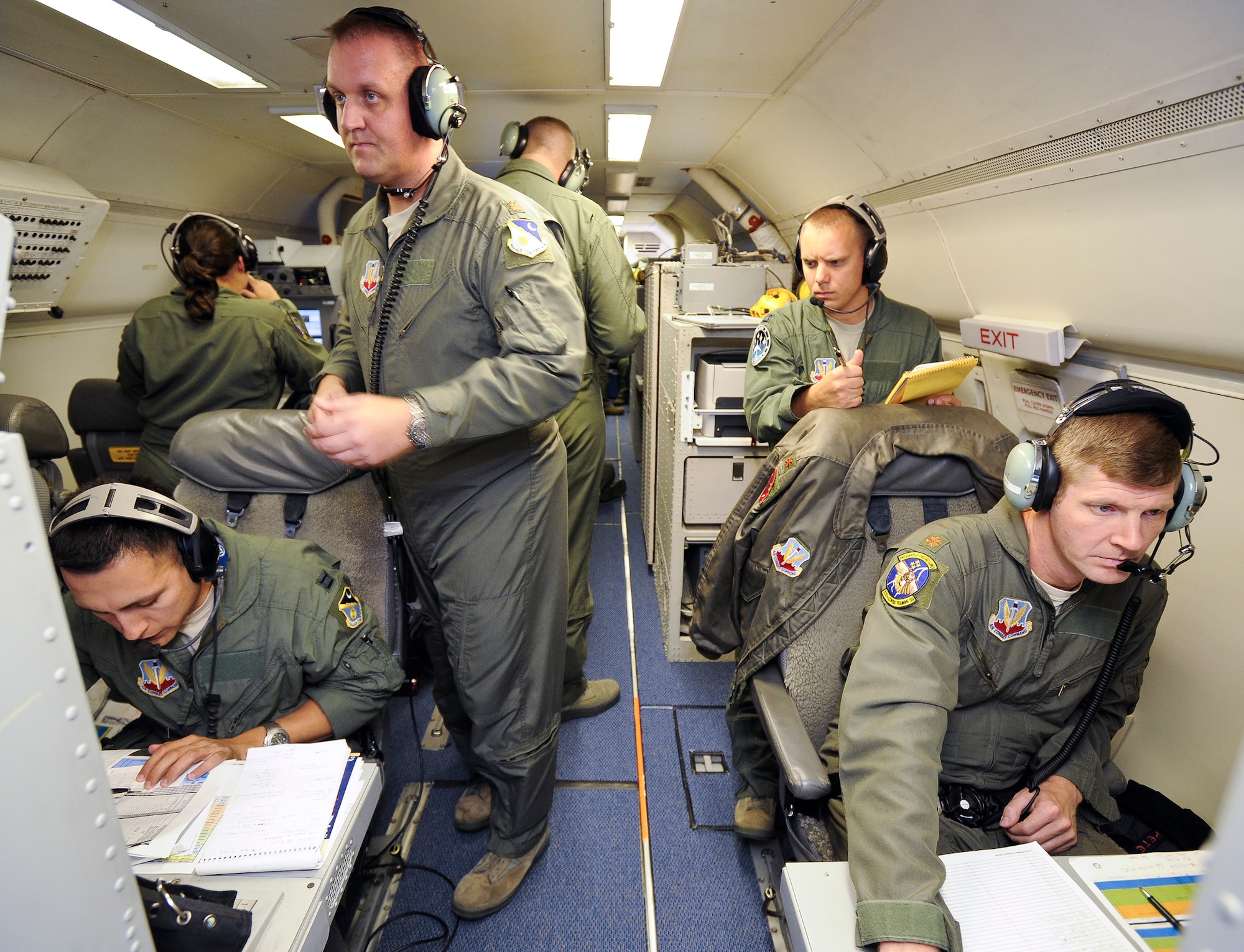 E-8 Joint STARS aircrew members monitor radar data during a training mission as a part of exercise Iron Dagger 2012, Robins Air Force Base, Ga., June 12, 2012.  The exercise, hosted by Team JSTARS, involved joint-service units with multiple aircraft platforms from across the Southeast United States.
(National Guard photo by Master Sgt. Roger Parsons/Released)
