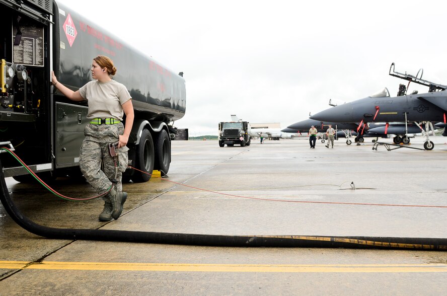 U.S. Air Force Airman 1st Class Moriah Sobeck, 4 Logistics Readiness Squadron, Seymour Johnson Air Force Base, N.C., monitors a fuel panel while refueling an F-15E Strike Eagle. Sobeck and other members of the 4th Fighter Wing were at Robins Air Force Base to participate in exercise Iron Dagger 2012. (U.S. Air Force photo by Master Sgt. Roger Parsons)