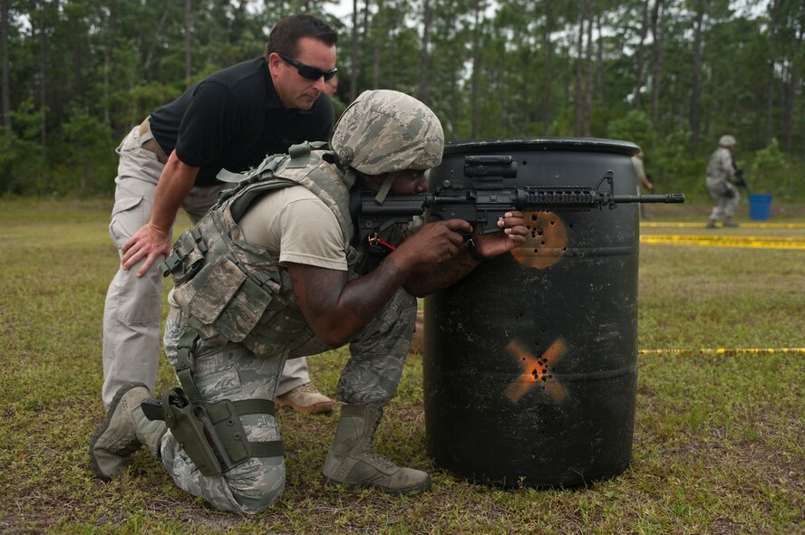 A U.S. Air Force Senior Airman Davis Quenteris, 1st Special Operations Security Forces Squadron, participates in an exercise during the Multi-Assault Counter-Terrorism Action Capabilities course at Hurlburt Field, Fla., June 8, 2012. The MACTAC course afforded 1st SOSFS Airmen the valuable opportunity to work with instructors from civilian law enforcement agencies like the Los Angeles Police Department’s Special Weapons and Tactics units. (U.S. Air Force Photo/ Airman 1st Class Hayden K. Hyatt)