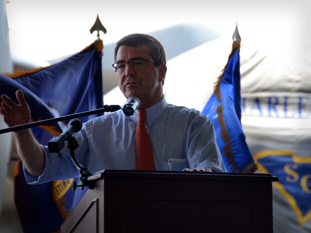 U.S. Deputy Secretary of Defense Ashton Carter speaks with military members during an “All Call” at Joint Base Charleston – Air Base, S.C. June 18, 2012, held to thank the troops for their service. Carter and Lindsey Graham also visited The Space and Naval Warfare Systems Command and Army Strategic Logistics Activity – Charleston at JB Charleston – Weapons Station. (U.S. Air Force photo/Airman 1st Class Tom Brading)