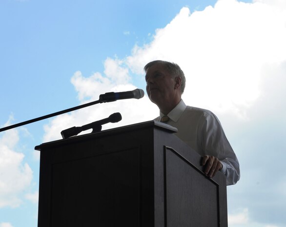 U.S. Senator Lindsey Graham, from South Carolina, speaks with military members during an “All Call” at Joint Base Charleston – Air Base, S.C. June 18, 2012, held to thank the troops for their service. Carter and Lindsey Graham also visited The Space and Naval Warfare Systems Command and Army Strategic Logistics Activity – Charleston at JB Charleston – Weapons Station. (U.S. Air Force photo/Airman 1st Class Ashlee Galloway)