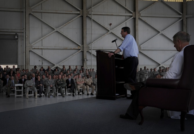 U.S. Deputy Secretary of Defense Ashton Carter and U.S. Senator Lindsey Graham, from South Carolina, speak with military members during an “All Call” at Joint Base Charleston – Air Base, S.C. June 18, 2012, held to thank the troops for their service. Carter and Lindsey Graham also visited The Space and Naval Warfare Systems Command and Army Strategic Logistics Activity – Charleston at JB Charleston – Weapons Station. (U.S. Air Force photo/Airman 1st Class Ashlee Galloway)