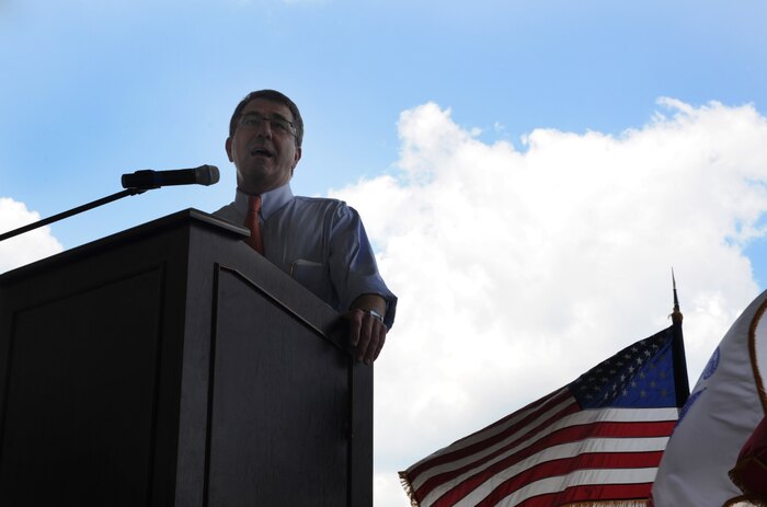 U.S. Deputy Secretary of Defense Ashton Carter speaks with military members during an “All Call” at Joint Base Charleston – Air Base, S.C. June 18, 2012, held to thank the troops for their service. Carter and Lindsey Graham also visited The Space and Naval Warfare Systems Command and Army Strategic Logistics Activity – Charleston at JB Charleston – Weapons Station. (U.S. Air Force photo/Airman 1st Class Ashlee Galloway)