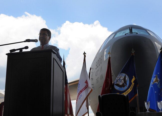 U.S. Deputy Secretary of Defense Ashton Carter speaks with military members during an “All Call” at Joint Base Charleston – Air Base, S.C. June 18, 2012, held to thank the troops for their service. Carter and Lindsey Graham also visited The Space and Naval Warfare Systems Command and Army Strategic Logistics Activity – Charleston at JB Charleston – Weapons Station. (U.S. Air Force photo/Airman 1st Class Ashlee Galloway)