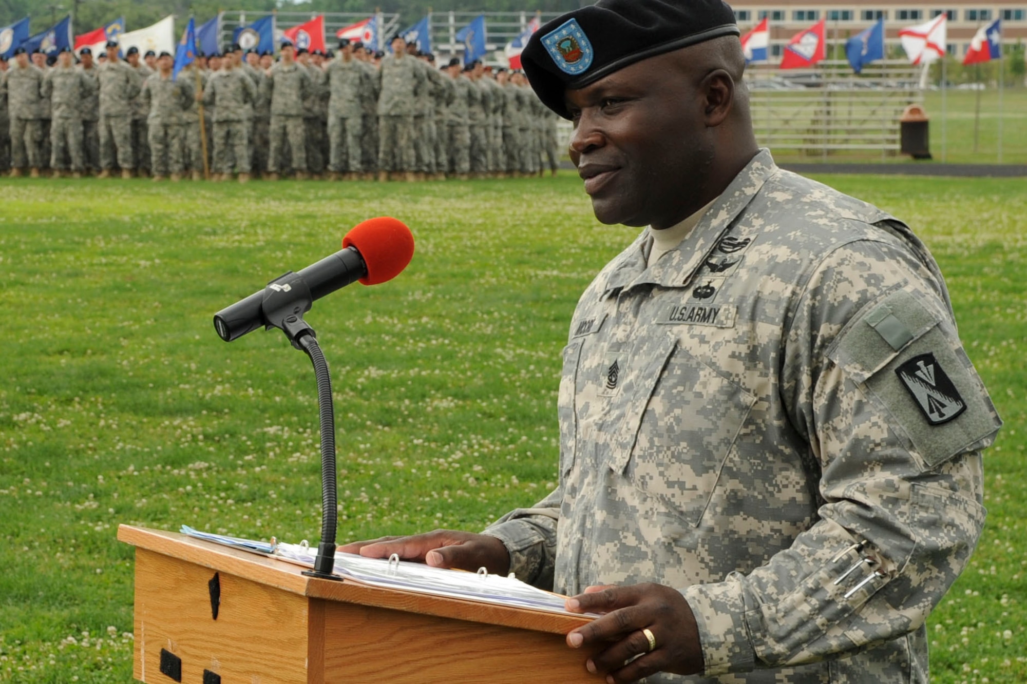 U.S. Army Command Sgt. Maj. John J. Moore, 128th Aviation Brigade command sergeant major, addresses the crowd after assuming responsibility of the brigade during a ceremony at Murphy Field Sports Complex at Ft. Eustis, Va., June 12, 2012. Command sergeant majors serve as the senior enlisted advisor to the commander on all things related to the morale and welfare of the troops, as well as uphold the standards set by the commander and the U.S. Army. (U.S. Air Force photo by Senior Airman Wesley Farnsworth/Released)