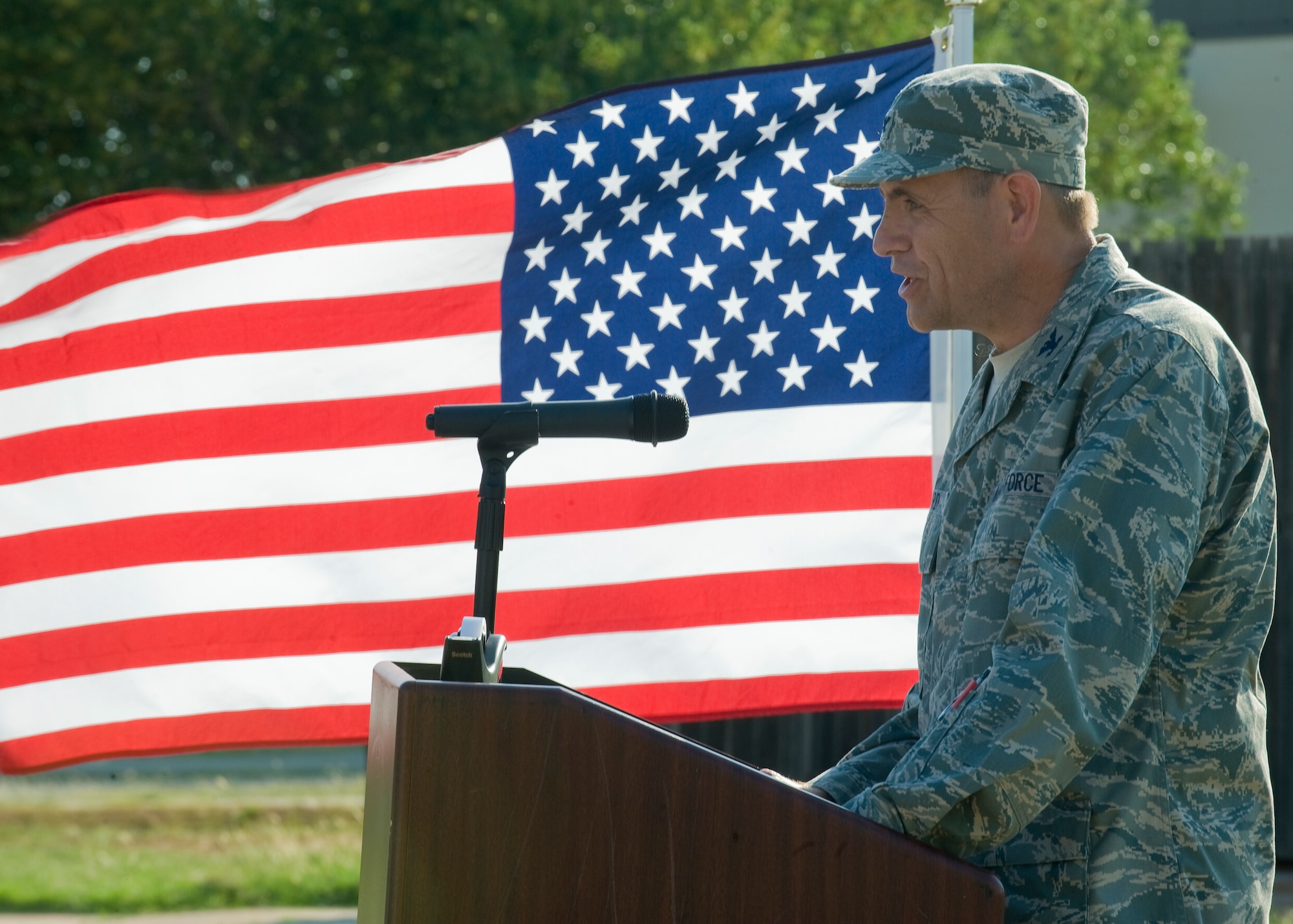 Col. Walter Ward, 317th Airlift Group commander, speaks about the new state-of-the-art C-130J simulator building during a ground-breaking ceremony June 14, 2012, at Dyess Air Force Base, Texas. The simulator will allow C-130J pilots to fly virtual missions ranging from airdrops to troop transportation without leaving the ground. (U.S. Air Force photo by Airman 1st Class Jonathan Stefanko/Released)