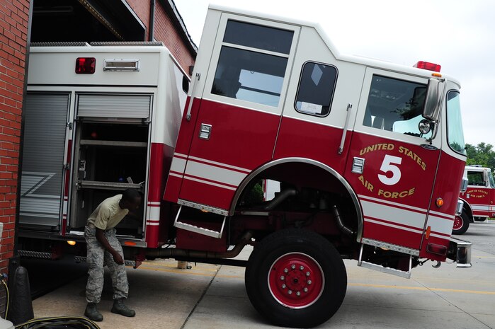 U.S. Air Force Senior Airman Anthony Burdett, 628th Logistics Readiness Squadron vehicle maintenance mechanic, checks ball-valve leakage on a fire truck, at Joint Base Charleston, S.C., June 13, 2012. The 628th LRS vehicle maintenance shop consists of seven Airmen. (U.S. Air Force photo/ Airman 1st Class Chacarra Walker)
