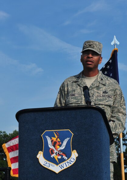 U.S. Air Force Col. Edward Ford, incoming 23d Mission Support Group commander, addresses the group for the first time as commander June 15, 2012, during a change of command ceremony at Moody Air Force Base, Ga. Ford expressed his excitement about being at Moody and taking command of the 23d MSG.(U.S. Air Force photo by Staff Sgt Stephanie Mancha/Released)
