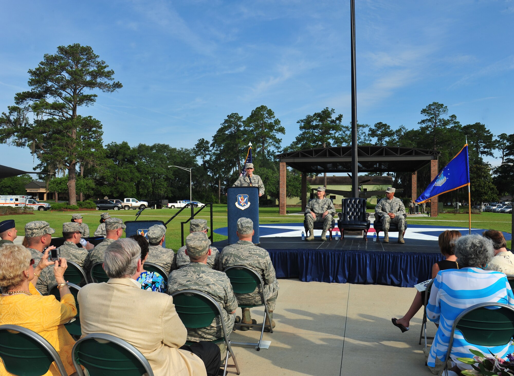 U.S. Air Force Col. Mark Ruse, 23d Mission Support Group outgoing commander, says his farewell to the group and audience during a change of command ceremony at Moody Air Force Base, Ga., June 15, 2012. After the change of command, Ruse said his final goodbye during a retirement ceremony after 25 years of service in Air Force. (U.S. Air Force photo by Staff Sgt Stephanie Mancha/Released)
