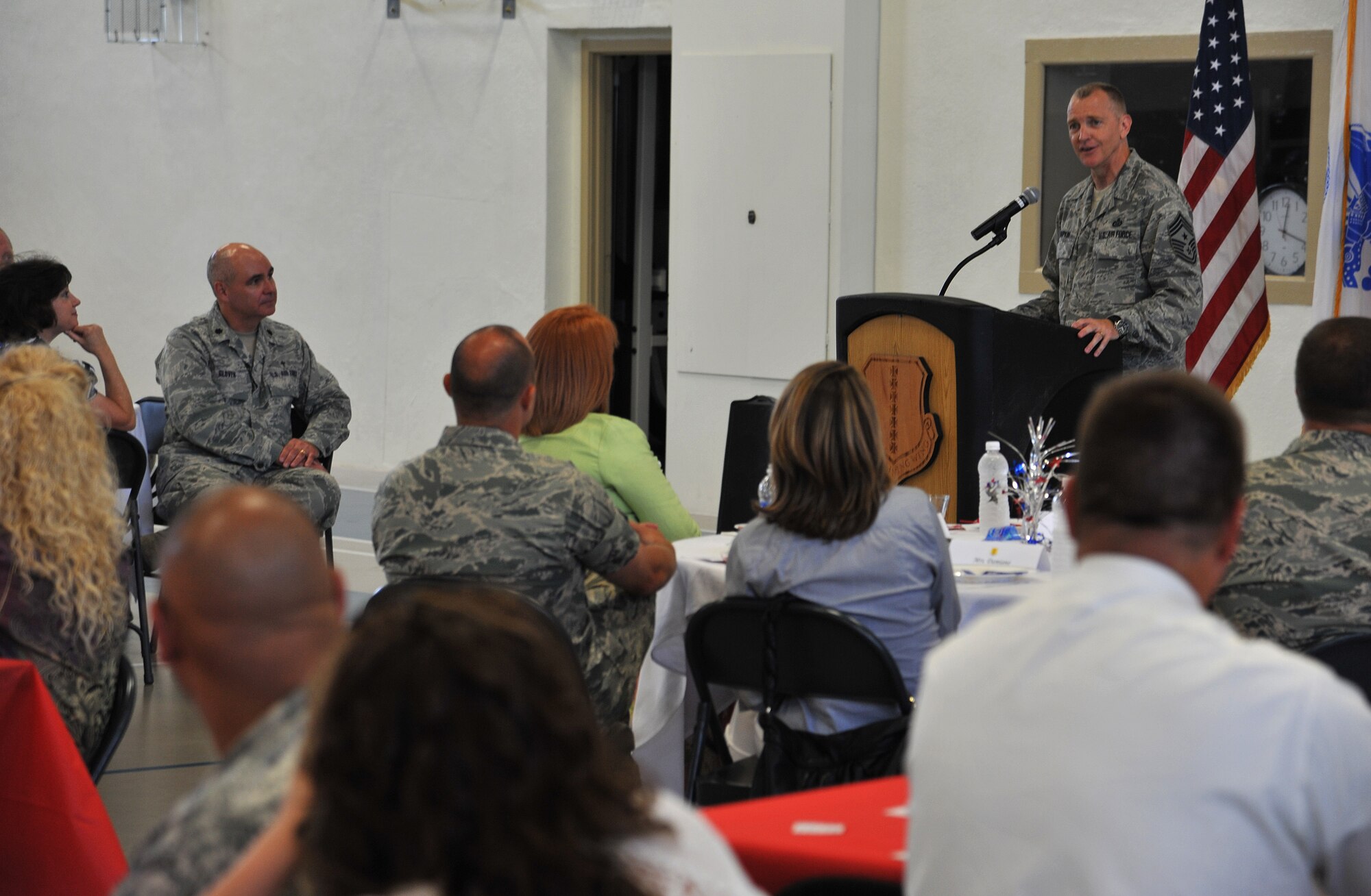 GOODFELLOW AIR FORCE BASE, Texas-- Chief Master Sgt. Scott Lumpkin, 17th Training Wing Command Chief, speaks to the attendants of the Spouse Appreciation Luncheon June 13. The lunch was held to show how important of a roll spouses play in the military. (U.S. Air Force photo/Airman 1st Class Michael Smith)