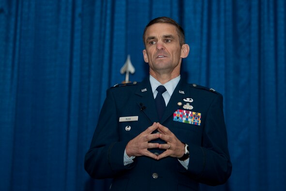 U.S. Air Force Col. Mark Ruse, former 23d Mission Support Group commander, gives remarks during his retirement ceremony June 15, 2012, at Moody Air Force Base, Ga. Ruse spoke about his career and thanked many people who guided and mentored him along the way. Before his ceremony, he relinquished command of the 23d MSG to Col. Edward Ford. (U.S. Air Force photo by Staff Sgt. Jamal D. Sutter/Released) 