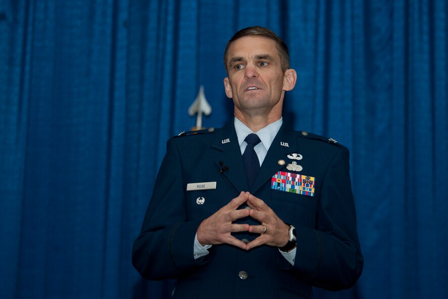 U.S. Air Force Col. Mark Ruse, former 23d Mission Support Group commander, gives remarks during his retirement ceremony June 15, 2012, at Moody Air Force Base, Ga. Ruse spoke about his career and thanked many people who guided and mentored him along the way. Before his ceremony, he relinquished command of the 23d MSG to Col. Edward Ford. (U.S. Air Force photo by Staff Sgt. Jamal D. Sutter/Released) 