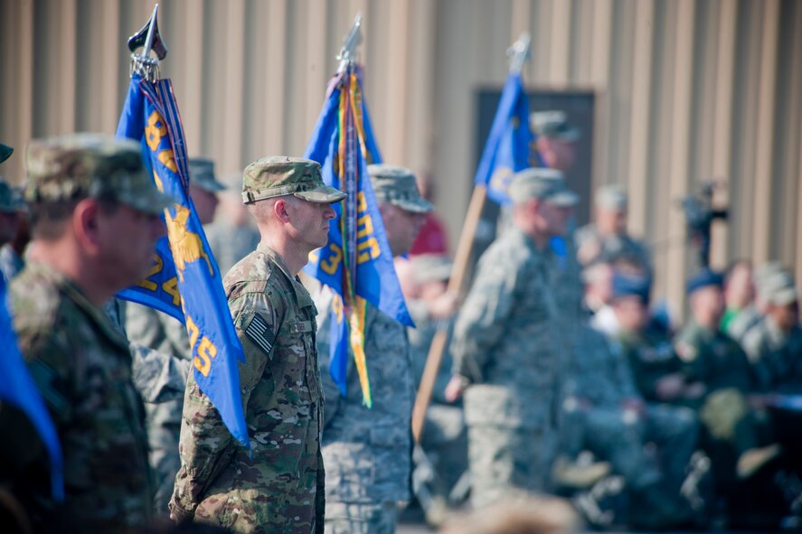 Airmen from the 105th Security Forces Squadron from Stewart Air National Guard Base, N.Y., stand in formation during a change of command ceremony for the 820th Base Defense Group June 14, 2012, at Moody Air Force Base, Ga. The 105th SFS is currently training for deployment with 820th BDG and attended the ceremony alongside the unit. The 105th SFS is the 820th BDG’s sister unit and regularly trains with them for joint deployments. (U.S. Air Force photo by Staff Sgt. Jamal D. Sutter/Released)