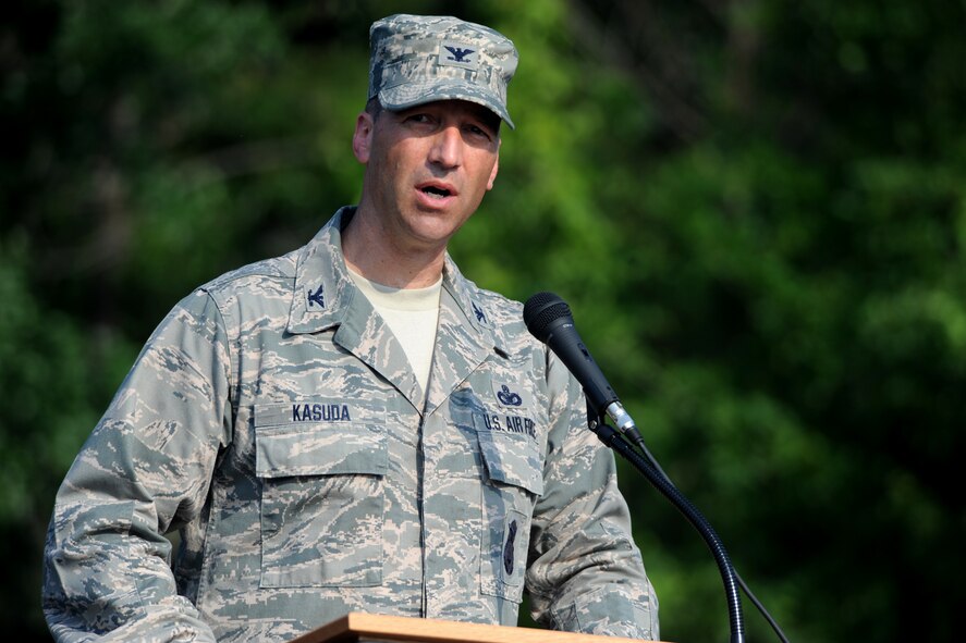 U.S. Air Force Col. Paul Kasuda, 820th Base Defense Group commander, gives remarks during a change of command ceremony June 14, 2012, at Moody Air Force Base, Ga. Kasuda praised the 820th BDG for all they have done and vowed that the group will continue to know their job, do their job and be professional at all they do. (U.S. Air Force photo by Staff Sgt. Jamal D. Sutter/Released) 
