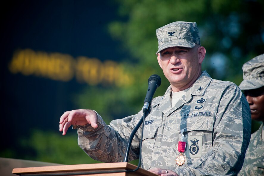 U.S. Air Force Col. Randall Richert, outgoing 820th Base Defense Group commander, gives remarks during a change of command ceremony June 14, 2012, at Moody Air Force Base, Ga. Richert assumed command of the 820th BDG in June 2010 and earned the Legion of Merit award for leadership during his tenure. (U.S. Air Force photo by Staff Sgt. Jamal D. Sutter/Released)