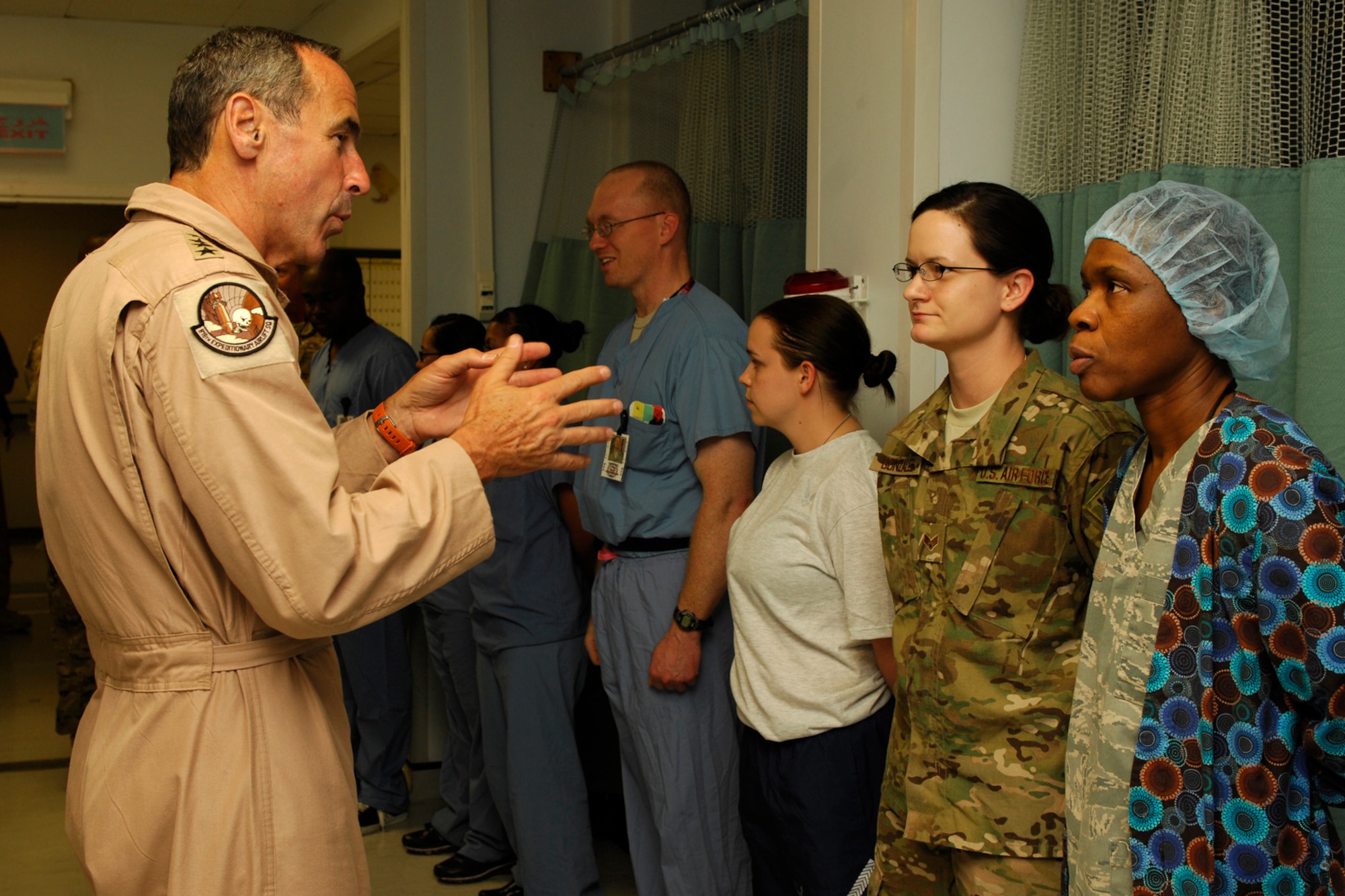 Gen. Raymond Johns, Jr., Air Mobility Command commander, talks to members of the Craig Joint Theater Hospital at Bagram Airfield, Afghanistan, June 16, 2012. Johns expressed his appreciation to the members of CJTH for their hard work and dedication to saving the lives of injured military service members and Afghan civilians. (U.S. Air Force photo/Staff Sgt. Jeff Nevison)