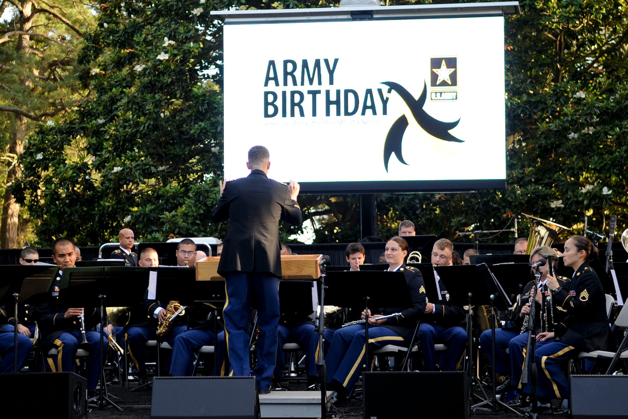 The U.S. Army Training and Doctrine Command Band performs during the “Music Under the Stars” performance at Ft. Eustis' Magnolia Park as part of the 237th Army Birthday celebration, June 14, 2012. The TRADOC Band performed songs like “Citizen Solder” and Nickelback’s “Hero.” (U.S. Air Force photo by Senior Airman Wesley Farnsworth/Released)