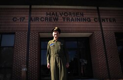 Retired Col. Gail Halvorsen, the famed "Candy Bomber,” stands in front of the C-17 Aircrew Training Center moments after the C-17 Aircrew Training Center was dedicated in honor of him at Joint Base Charleston, S.C., on June 15, 2012. (U.S. Air Force photo/Airman 1st Class Ashlee Galloway)