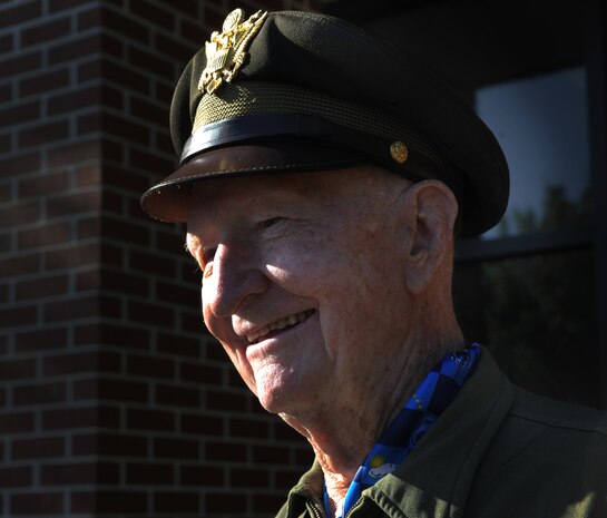 Retired Col. Gail Halvorsen, the famed "Candy Bomber," stands in front of the C-17 Aircrew Training Center moments after the C-17 Aircrew Training Center was dedicated in honor of him at Joint Base Charleston, S.C. June 15, 2012 to recognize him as one of the finest mobility legends. Halvorsen was a command pilot in the United States Air Force. He is best known for piloting C-47s and C-54s during the Berlin Airlift from 1948-1949. Halvorsen dropped candy attached to parachutes to children below. His main goal was to raise the morale of the children during the time of uncertainty.(U.S. Air Force photo/Airman 1st Class Ashlee Galloway)



