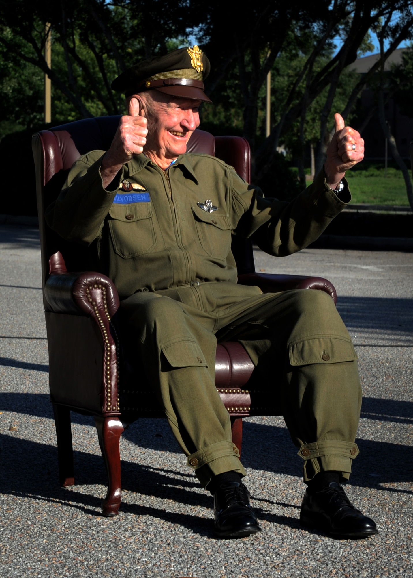 Retired Col. Gail Halvorsen, the famed "Candy Bomber", sits in front of the C-17 Aircrew Training Center moments before the C-17 Aircrew Training Center was dedicated in honor of him at Joint Base Charleston, S.C. June 15, 2012 to recognize him as one of the finest mobility legends. Halvorsen was a command pilot in the United States Air Force. He is best known for piloting C-47s and C-54s during the Berlin Airlift from 1948-1949. Halvorsen dropped candy attached to parachutes to children below. His main goal was to raise the morale of the children during the time of uncertainty. (U.S. Air Force photo/Airman 1st Class Ashlee Galloway)



