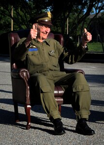 Retired Col. Gail Halvorsen, the famed "Candy Bomber", sits in front of the C-17 Aircrew Training Center moments before the C-17 Aircrew Training Center was dedicated in honor of him at Joint Base Charleston, S.C. June 15, 2012 to recognize him as one of the finest mobility legends. Halvorsen was a command pilot in the United States Air Force. He is best known for piloting C-47s and C-54s during the Berlin Airlift from 1948-1949. Halvorsen dropped candy attached to parachutes to children below. His main goal was to raise the morale of the children during the time of uncertainty. (U.S. Air Force photo/Airman 1st Class Ashlee Galloway)



