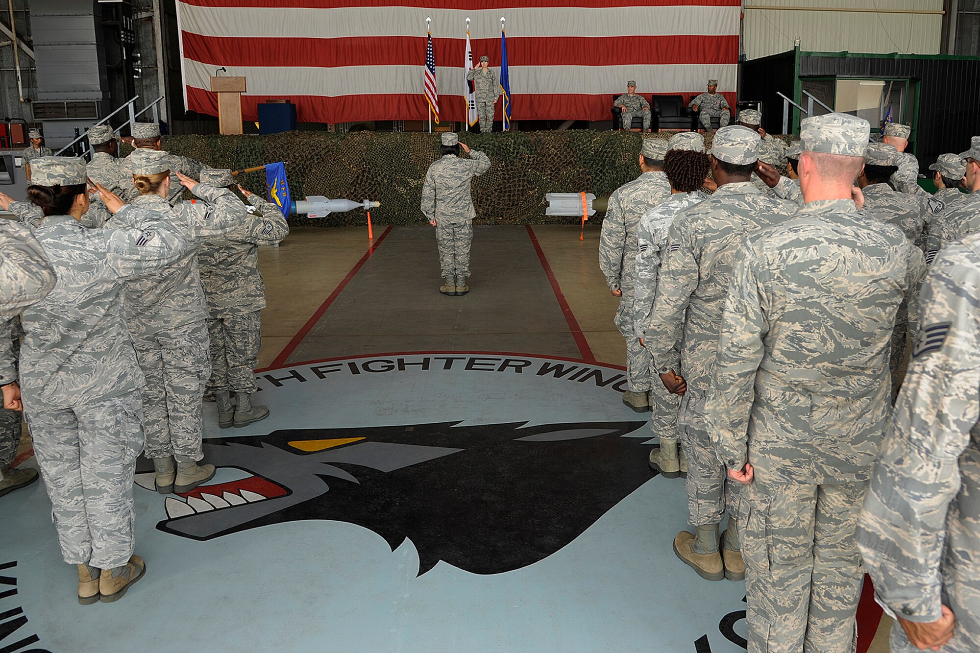 Col. Jill Scheckel, 8th Medical Group commander, receives her first salute after taking command of her group during the 8th MDG Group change of command at Kunsan Air Base, Republic of Korea, June 15, 2012. The ceremony marks the official acceptance of Scheckel as the 8th Medical Group’s newest commander. U.S. Air Force photo/Staff Sgt. Rasheen A. Douglas)