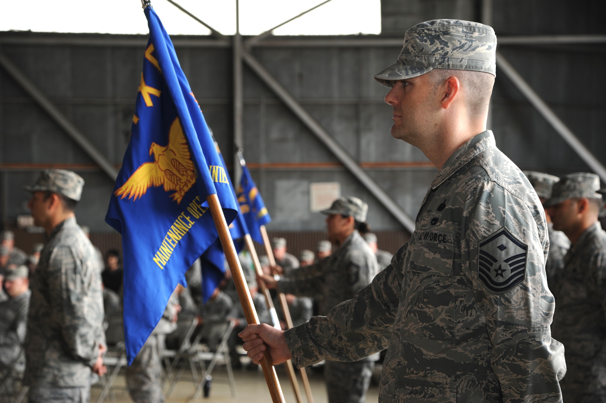Master Sgt. Jeremy Lindner, 8th Maintenance Operations Squadron first sergeant, stands in formation during the 8th Maintenance Group change of command ceremony at Kunsan Air Base, Republic of Korea, June 15, 2012. (U.S. Air Force photo/Staff Sgt. Rasheen A. Douglas)