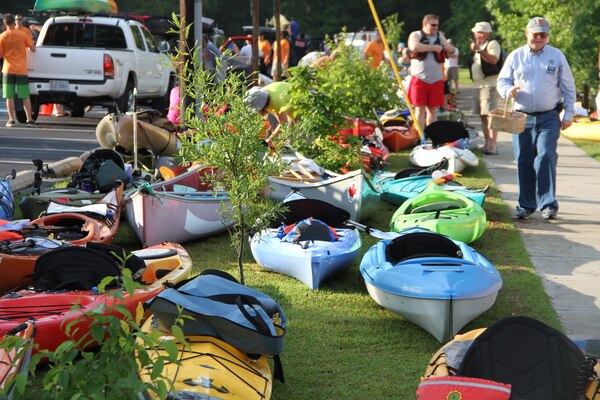 Kayaks and canoes line the parking lot near the Dismal Swamp Canal in North Carolina May 5, 2012.  