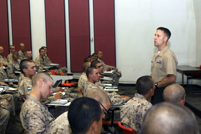 Lt. Jarrod Johnson, chaplain, 3rd Recruit Training Battalion talked to Company M recruits about marriage as a first term Marine June 14 aboard Marine Corps Recruit Depot San Diego. The classes covered everything from advantages of being married to disadvantages of marriage while in the military. Johnson answered any questions the recruits might have while giving them statistics about civilian marriages and military marriages. He also directed them toward classes for married or soon to be married Marines that they can take with their spouse once they reach the fleet.
