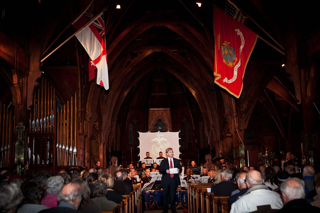 David Huebner, U.S. ambassador to New Zealand and Samoa, makes opening remarks for a concert at Old St. Paul’s, Wellington here June 13. The concert featured the MarForPac Band, and was part of several events commemorating the 70th anniversary of U.S. Marines landing in Wellington. The concert was held in the church where Marines worshipped during their stay in Wellington.
