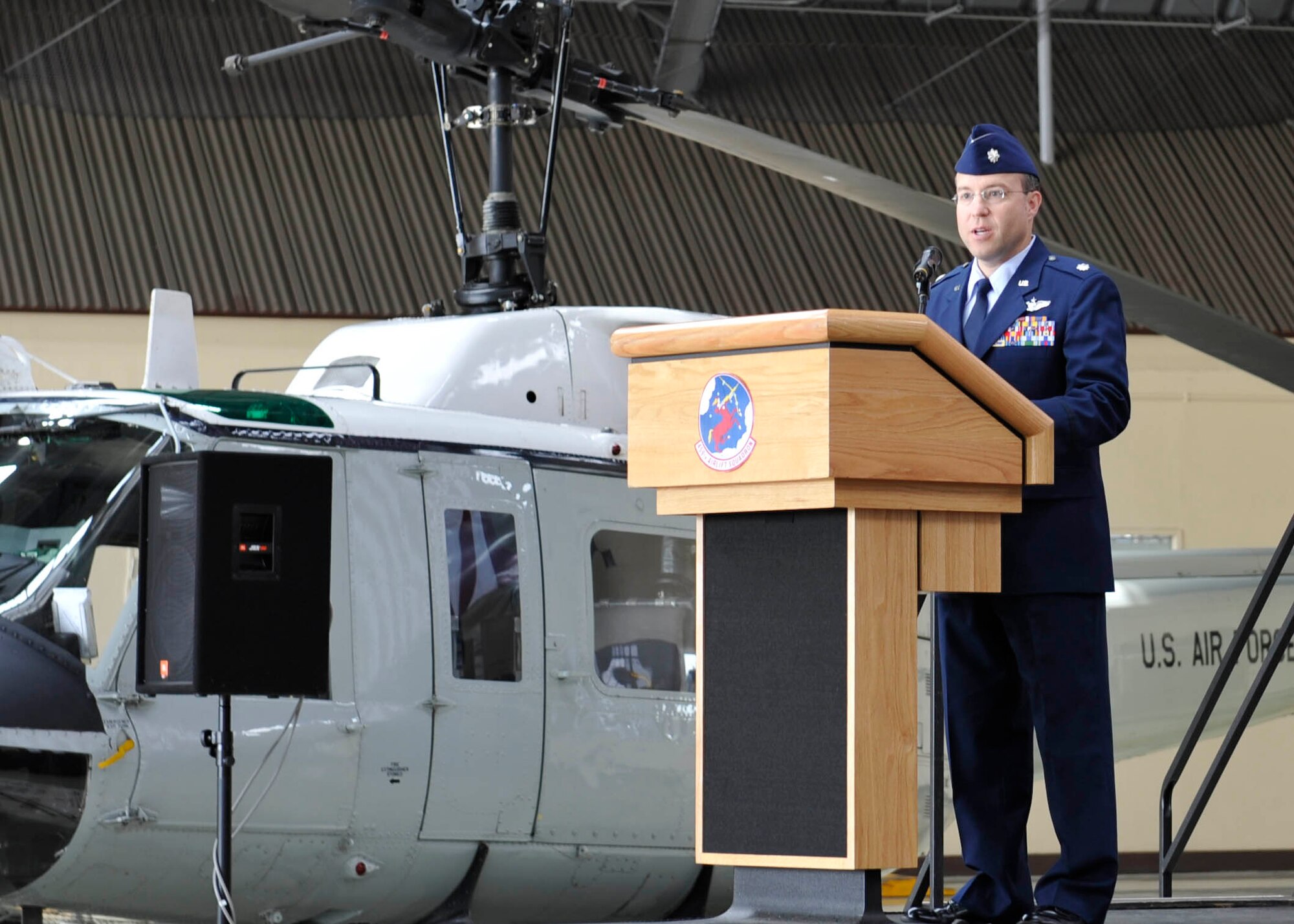 YOKOTA AIR BASE, Japan -- Lt. Col. Mark A. Allen, 459th Airlift Squadron commander, gives a speech during the 459th AS change of command ceremony at Yokota Air Base, Japan, on June 15, 2012. Allen assumed command from Lt. Col. Eugene L. Capone. (U.S. Air Force photo by Senior Airman Andrea Salazar)