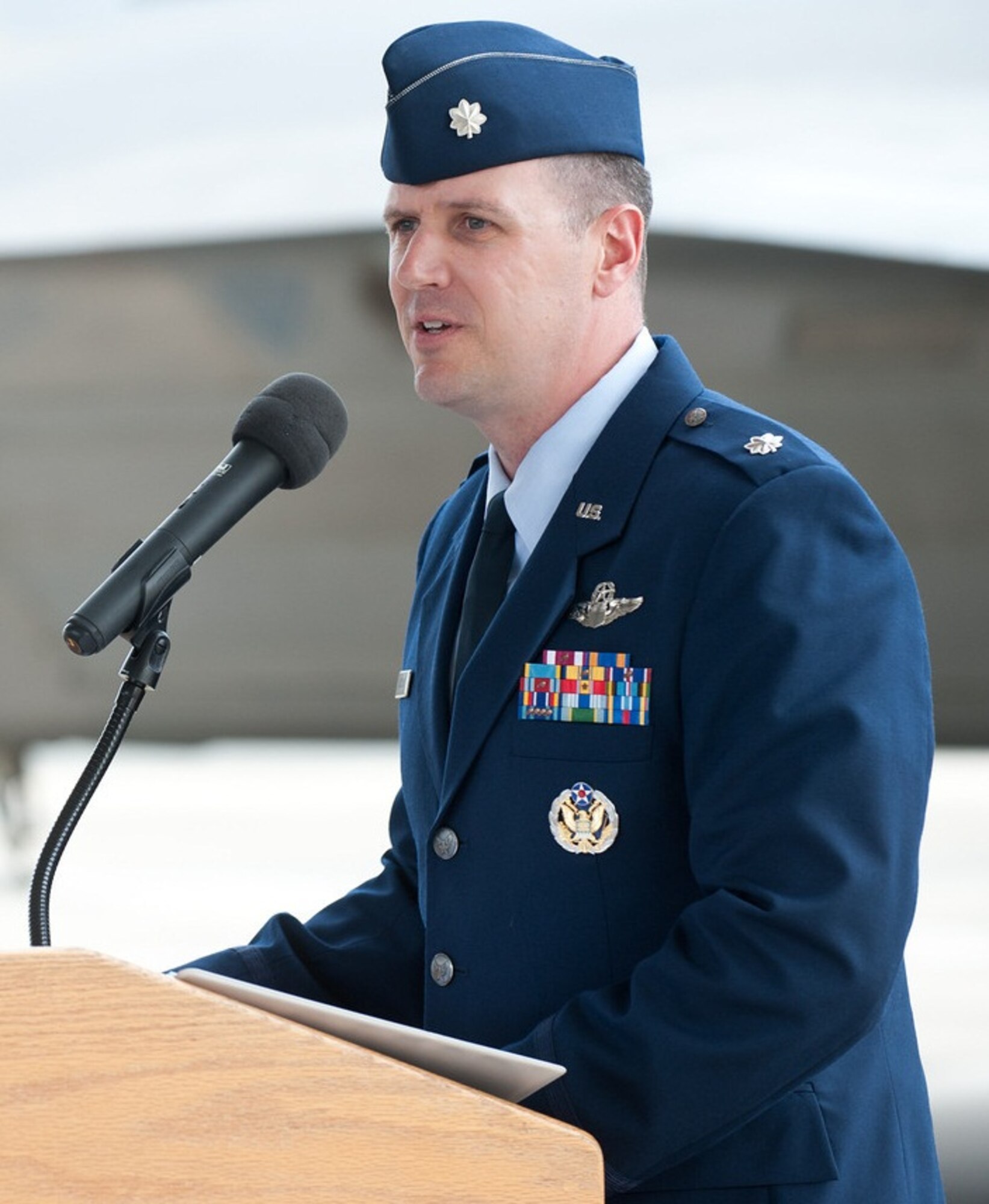 Lt. Col. Robert Jackson, 19th Fighter Squadron commander, speaks to attendees of the 19th FS change of command ceremony June 15th at Joint Base Pearl Harbor-Hickam, Hawaii. The 19th FS returned to Hickam Sept. 10, 2010, marking the first time the squadron has been based out of Hawaii since spending 1923 through 1944 in the Hawaiian territories, including assignments at Wheeler Army Airfield, Bellows Field, and Barber's Point. (Photo by Wendy Zippwald)