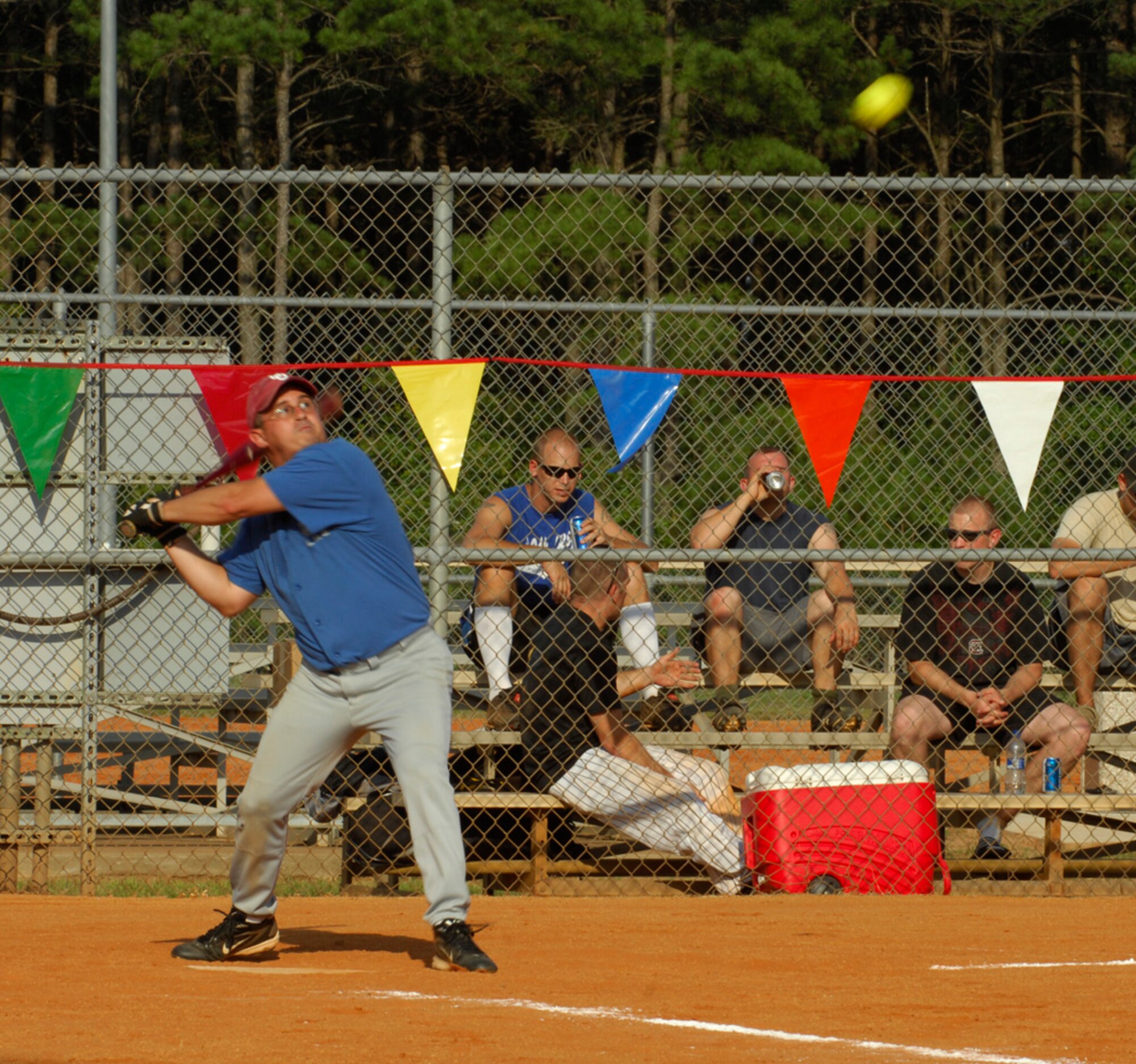 SHAW AIR FORCE BASE, S.C. - Chief Master Sgt. George Richey, 20th Mission Support Group superintendent, prepares to hit a softball at the Chiefs vs. Eagles softball game at the sports complex here, June 18, 2012. The game was the first one of the season and the Chiefs won 9-4. (U.S. Air Force photo by Airman 1st Class Krystal M. Jeffers/Released)