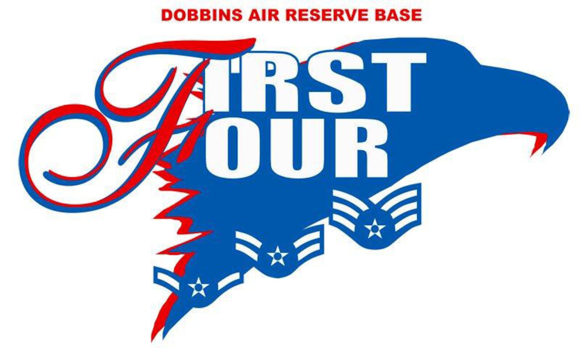 First Four logo features the U.S. Air Force Fightling Falcon and was designed by a member of the Dobbins Air Reserve Base Top 3 Group. (U.S. Air Force illustration/Master Sgt. James Branch)