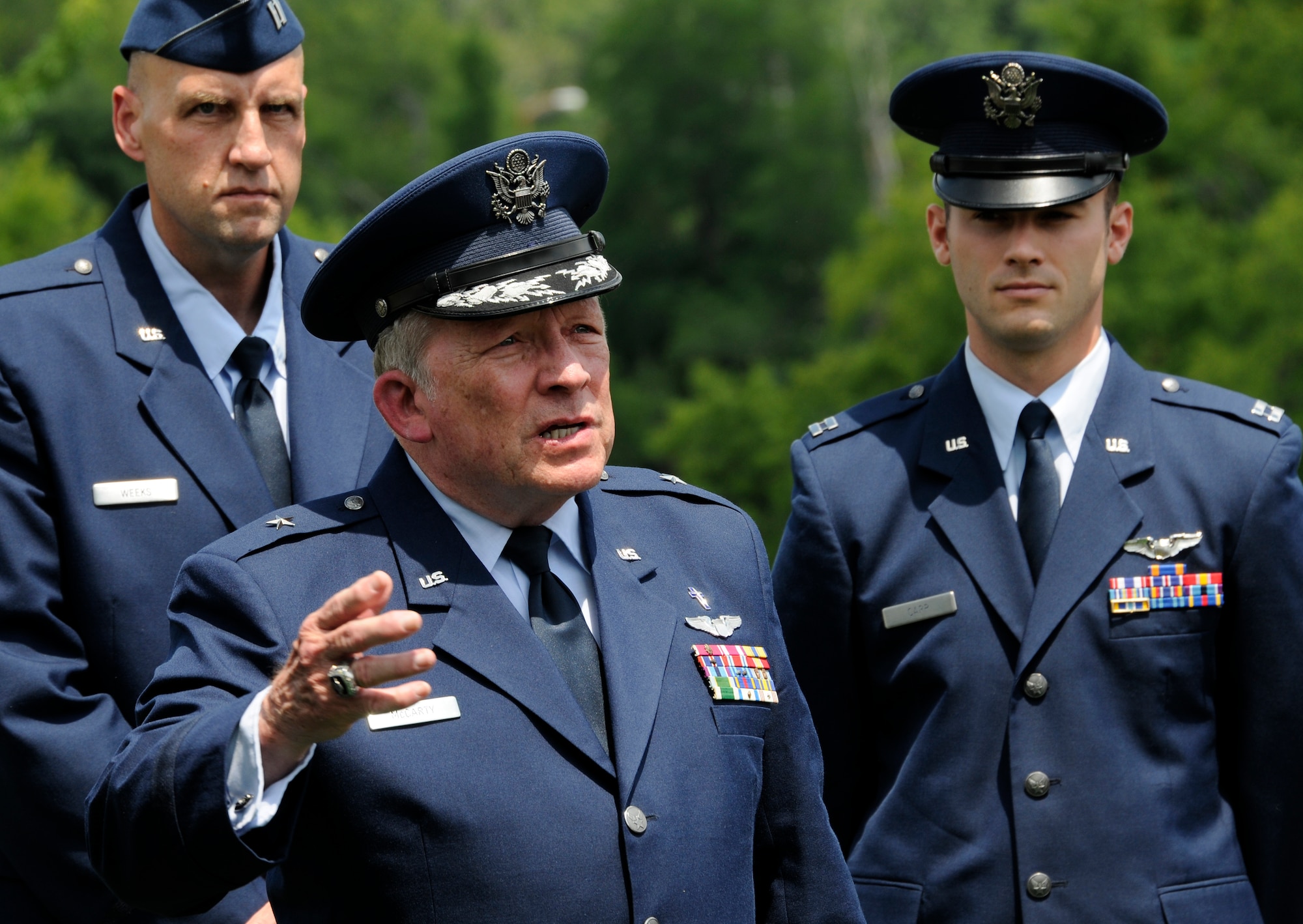 Brig. Gen. (ret.) H.D. McCarty, a former 188th Fighter Wing chaplain, speaks to a group gathered to pay their respects Capt. Virgil Meroney III during a repatriation ceremony held in Fayetteville, Ark., June 9, 2012. Meroney was missing in action during the Vietnam War after being shot down in his F-4D Phantom II aircraft, which crashed while carrying out a nighttime strike mission in Kahammouan Province, Laos. Meroney’s remains were identified May 24 and were returned to his family for burial with full military honors. Four A-10C Thunderbolt II “Warthogs” with the Arkansas Air National Guard’s 188th Fighter Wing performed a missing man formation during a flyover to honor Meroney. (National Guard photo by Airman 1st Class Hannah Landeros/188th Fighter Wing Public Affairs)